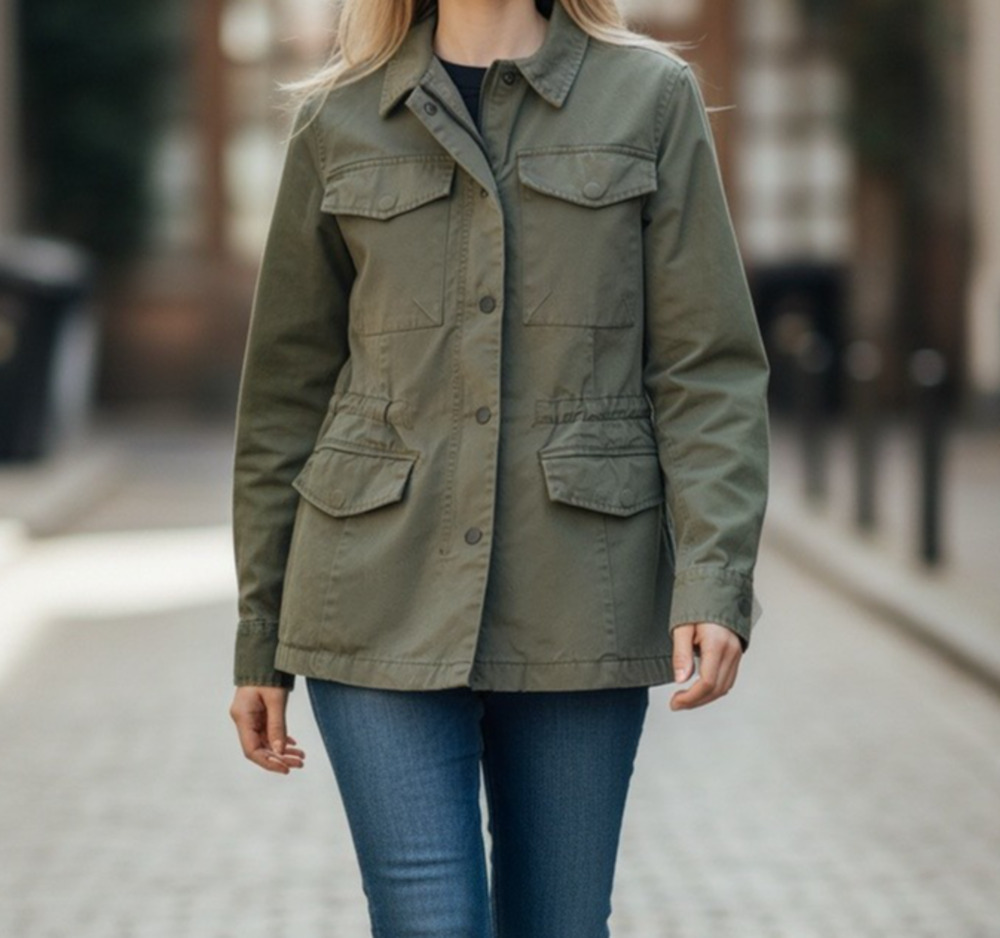 A.N.A. Women's Olive Green Utility Field Jacket Large Full Zip Snap Four Pockets